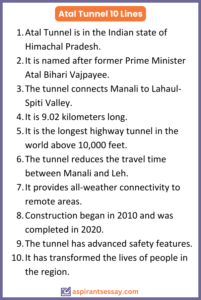 10 Lines on Atal Tunnel in English